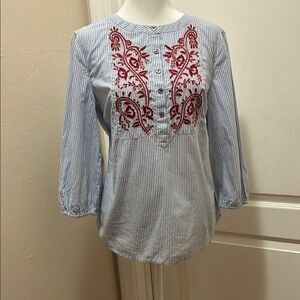 Talbots Gray and Red Embellished 3/4 Sleeve Blouse
